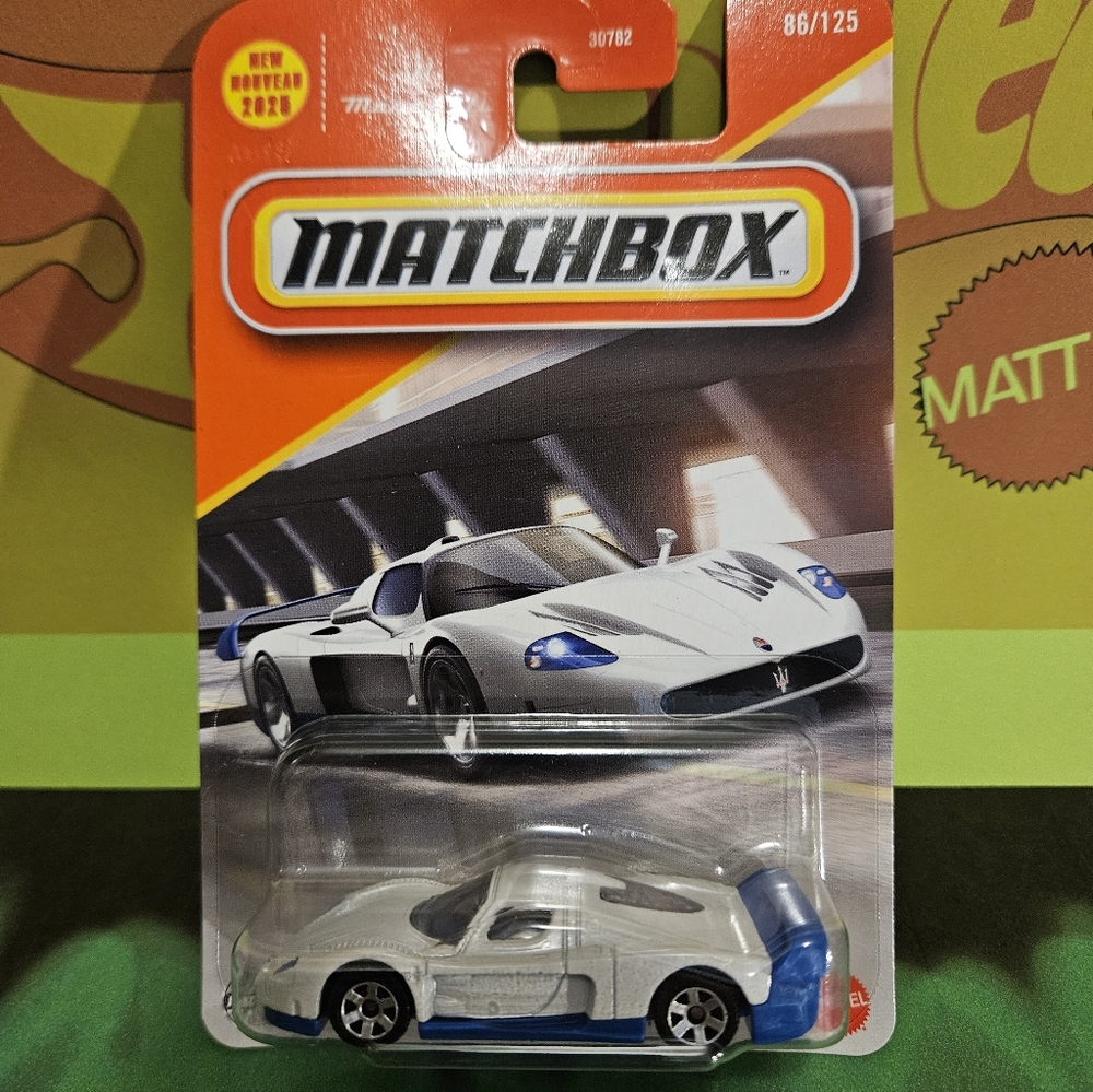 Matchbox Maserati MC12 White and Blue Sports Car Collectable.